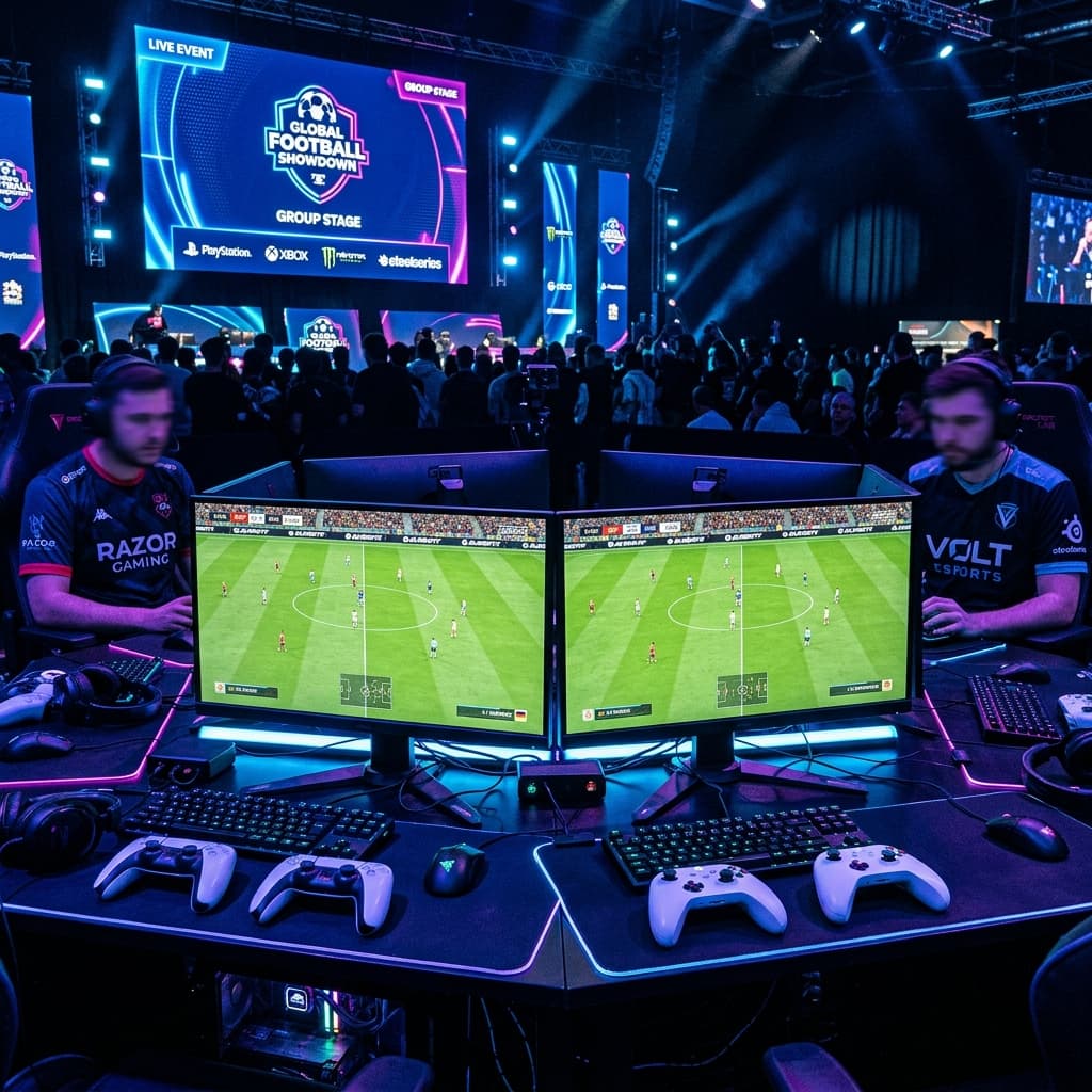 Set up profesional de un torneo de e-sports con monitores e iluminación neon
