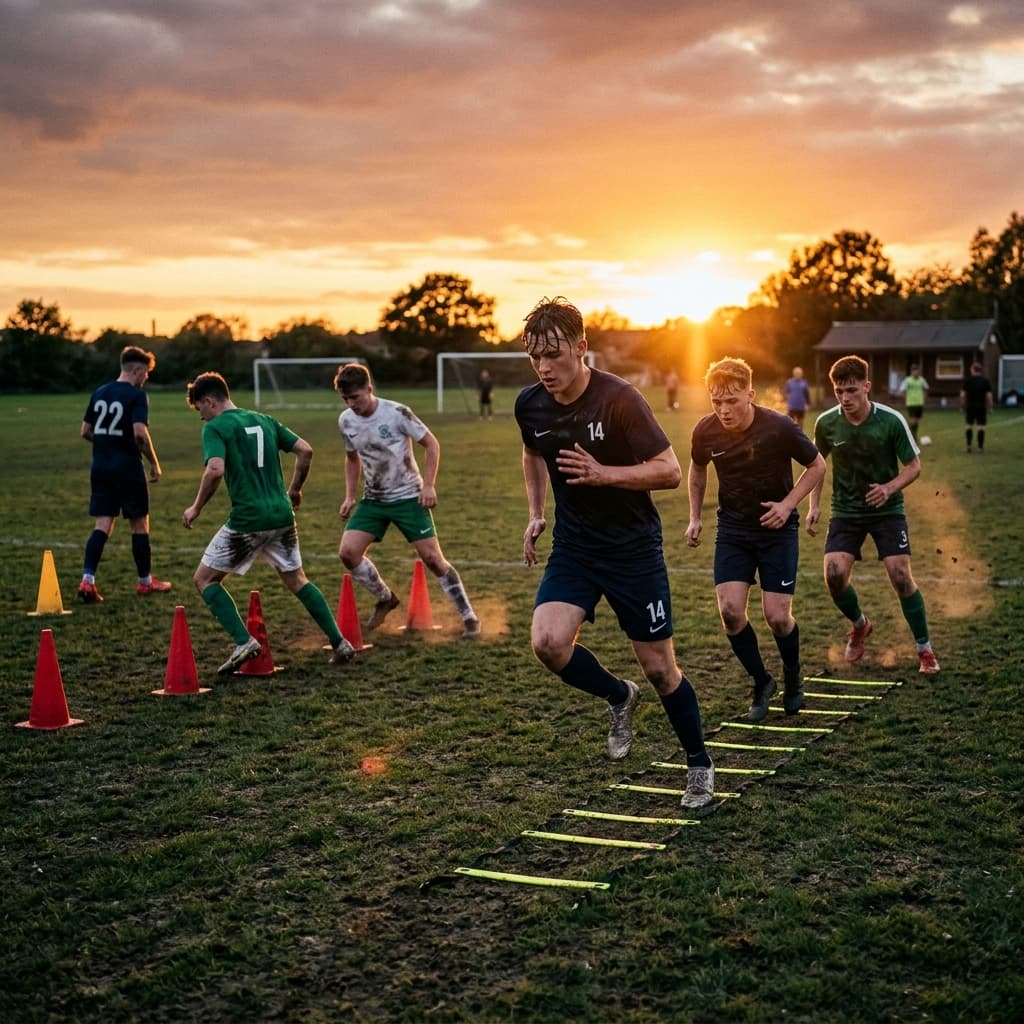 Jugadores amateur realizando trabajo físico en la cancha al atardecer