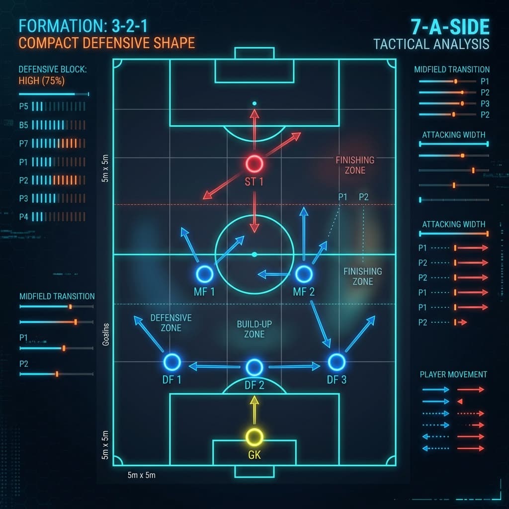 Diagrama táctico de formación 3-2-1 en fútbol 7